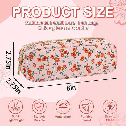 Waterproof Small Floral Pencil Case Makeup Bag for Purse,Cute Flower Pencil Pouch Preppy Nylon Makeup Brush Holder with Zipper,Girls Portable Storage Case Small Pen Bag for Work(Slim Pink-Flowers)