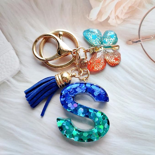 Cute Initial Letter Keychains for Women Girls Tassel Butterfly Pink Purple Green Keychain for Backpack School Bag