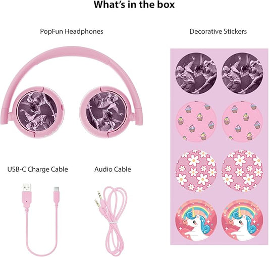 BuddyPhones POP Fun | Foldable Bluetooth Kids Headphones + Microphone, Works Wired or Wireless - SafeAudio Volume Limiting for iPhone/iPad/Tablet/PC and More (Pink)