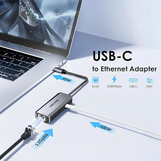 WAVLINK USB C to Ethernet Adapter 2.5 Gbps, USB to 2.5G Ethernet Adapter with 95W Power for Laptop, USB-C to RJ45 Network Converter (Thunderbolt 4/3 Compatible) for Windows, Mac OS, iPad OS and More