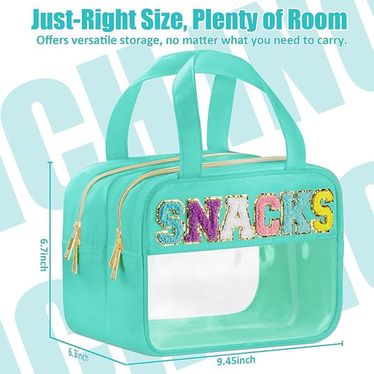 Chenille Letter Clear Makeup Bags, Snacks Bag for Travel, Preppy Patch Nylon Cosmetic Bag with Handles and Zipper, Waterproof Large Clear Travel Toiletry Bag Storage Bag for Women Green