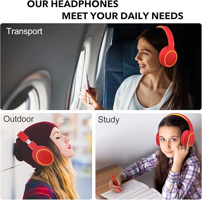 RORSOU B10 Wireless Bluetooth Over-Ear Headphones, Lightweight Folding Stereo Bass Headset with Mic, 50H Playtime, Volume Control, Bluetooth 5.3 Headphones for iPad/Travel/Tablet/PC (Red)