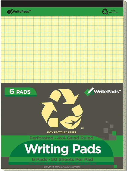 KAISA Graph Paper Legal Pads Writing Pads Recycled Paper 8.5"x11.75" Quad Ruled 4x4 Perforated 50 sheets/pad Grid Paper Yellow Notepads Writing Tablet For Office Supplies (Canary 6pad, 8.5x11.75'')