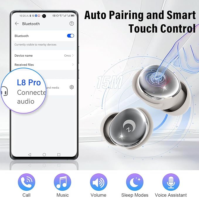 Sleep Earbuds Bluetooth 5.4 in Ear Smart Touch Screen Ear Buds, 48H Playtime Mini Sleep Headphones Small Design for Side Sleepers, Crystal-Clear Calls, 5 EQ Modes, IPX7 Waterproof Earphones Bee White