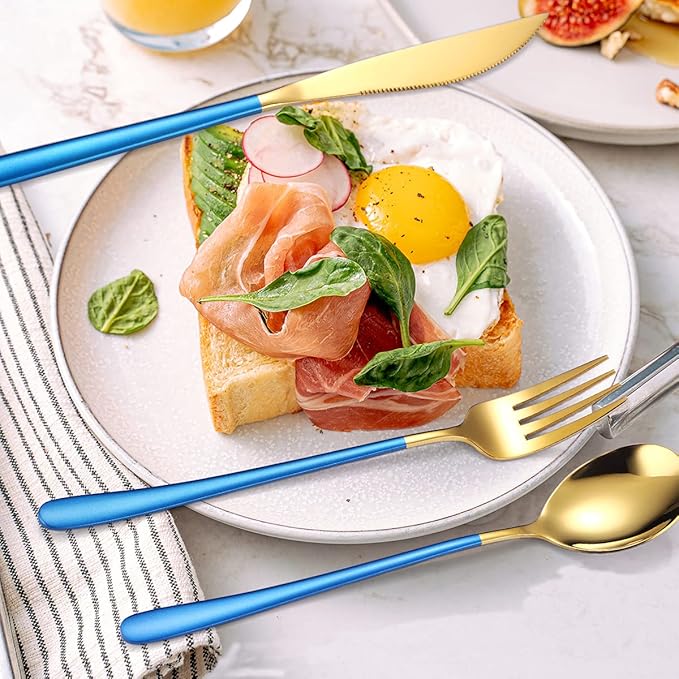 AARAINBOW 6 Pieces 18/8 Stainless Steel Flatware Set Portable Reusable Cutlery Set Travel Utensils Set Including Chopsticks Knife Fork Spoon Straws Cleaning Brush Dishwasher Safe (Blue golden)