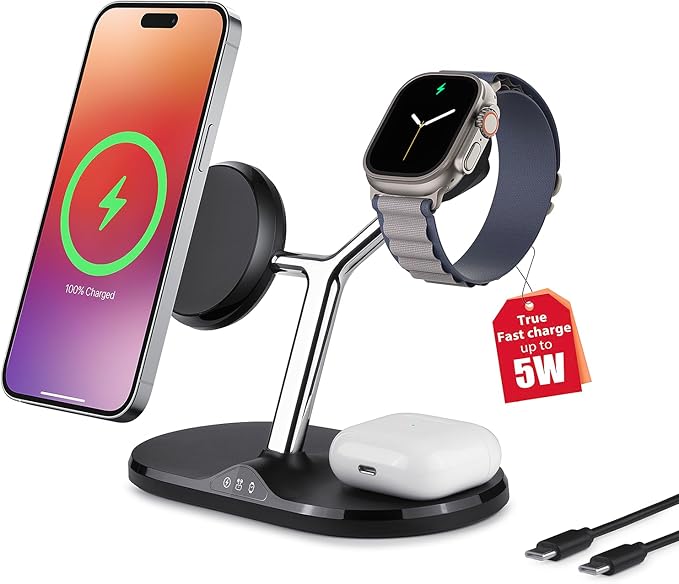3-in-1 Wireless Charging Station for Apple Devices - Fast Charging Station for iPhone and Watch with MagSafe, Stable Charger Stand for iPhone 12-15 & iPhone 16 & iWatch & AirPods, Adapter Not Included