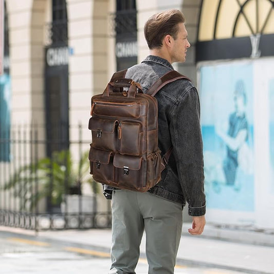 Masa Kawa Leather Backpack for Men Vintage 15.6 Inch Laptop Bag Multi Pockets Casual Work Travel Camping Daypack (deep brown)