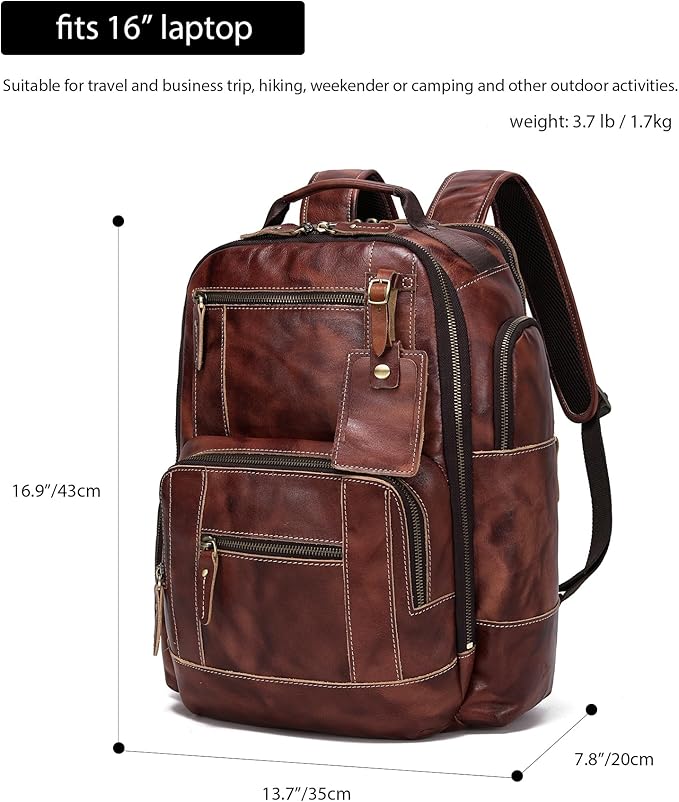 LANNSYNE Full Grain Leather Backpack For Men, Fits 16" Laptop, Coffee