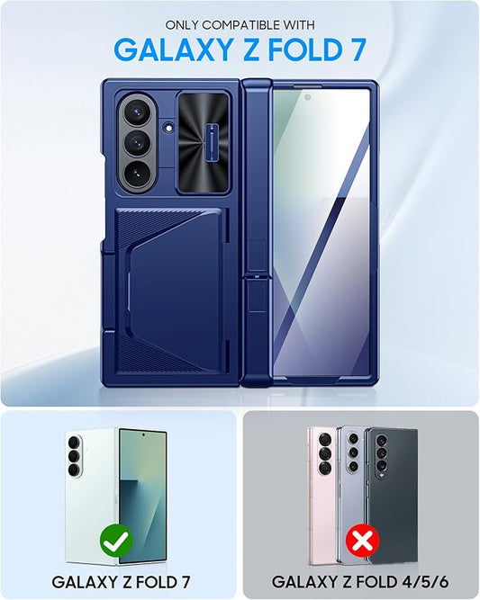 for Samsung Galaxy Z Fold 7 Case with Card Holder RFID Blocking, Built in Slide Lens Cover & Hinge Protection & Kickstand & Screen Protector, Shockproof Wallet Case for Z Fold 7 (Sapphire Blue)