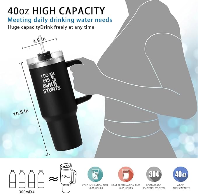 I Do My Own Stunts Tumbler - 40 oz Insulated Cup with Handle & Straw - Funny Get Well Gift for Men & Women, Broken Bone, Surgery Recovery, Knee or Leg Injury, Accident-Prone Coffee Mug