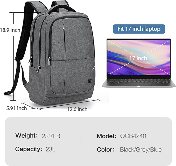 OIWAS Laptop Backpack 17 Inch For Men Business Bagpack Women Travel Daypack Large Backpack (Grey)