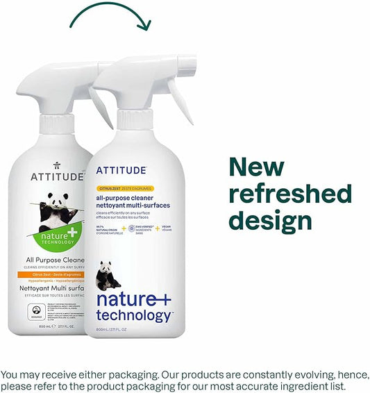 ATTITUDE All Purpose Cleaner Spray, EWG Verified, Vegan, Made with 94% Plant-Based Ingredients, Streak-Free for Kitchen, Bathroom, Glass & More, Citrus Zest Scent, 27.1 Fl Oz