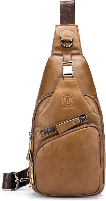 BULLCAPTAIN Leather Men Sling Bag Casual Crossbody Chest Bags Travel Daypack
