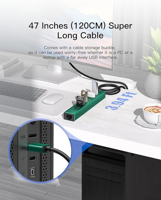 7 Ports USB 3.0 Hub, USB to Network HUB with 3.9ft Long Cable for Laptop, USB Splitter with Gigabit Ethernet Port and 5V/3A Power Port, MultiPort Aluminum Hub for iMac, PC, Flash Drives (Green)