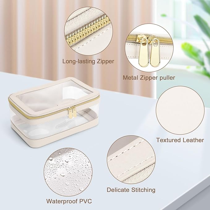 Travel Clear Makeup Bag with Makeup Brush Bag, Leather Make up Case Toiletry Bag, Portable Cosmetic Bag Case, Transparent Waterproof Cosmetic Organizer Storage Bag for Women, Off-White