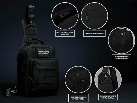 WOLFpak 9L Tactical Sling Bag Alpha Black - Compact Crossbody Backpack for Gym, Travel & EDC – Tactical Shoulder Bag with Multiple Pockets – Lightweight, Durable Sling Pack for Men & Women