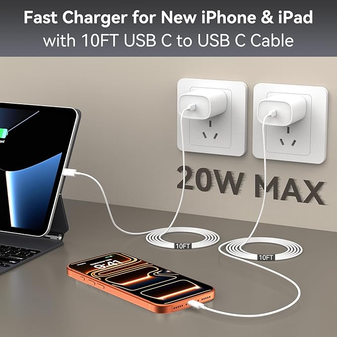 iPhone 17 16 15 Pro Max Charger Fast Charging, 10 FT iPhone 17 Charging Cord Long USB C 10FT Cable with 20W PD Fast iPhone 17 Pro Max Chargers Block for Apple iPhone 17/17 Pro Max/17 Air/16/15, iPad