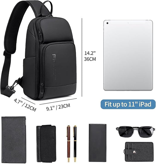 FENRUIEN Crossbody Sling Bag for Men, Water Resistant One Shoulder Backpack, Black Side Bag for Travel