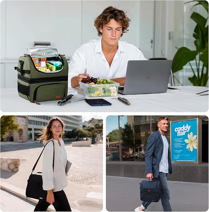 MIER Dual Compartment Lunch Bag Tote with Shoulder Strap for Men and Women Insulated Leakproof Cooler Bag, Bluesteel