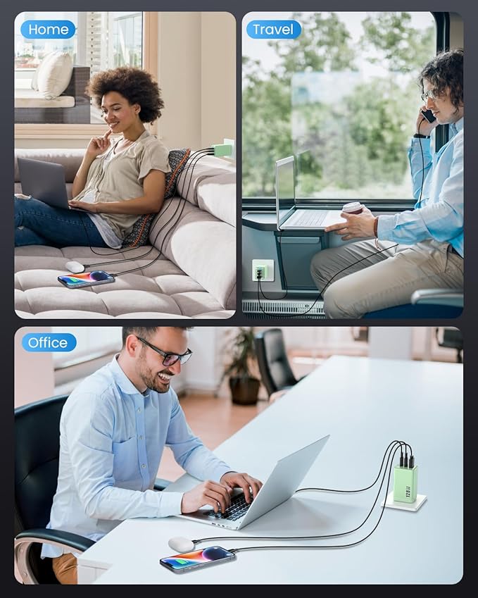 128W USB C Wall Charger,GaN III 3-Port Fast Charging Station,PD QC Foldable Charger Block Portable 65W Laptop Adapter for MacBook Pro/Air,iPad Pro,Galaxy S23,Dell XPS 13,iPhone 16/15/Pro etc