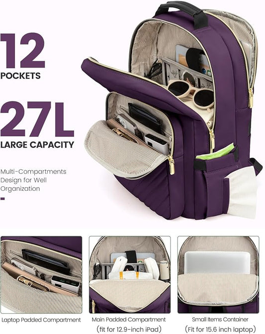 LOVEVOOK Laptop Backpack Purse for Women, Work Travel Computer Bags, College School Backpack for Student Girl, Quilted Casual Daypack with USB Port, Fit 15.6 Inch Laptop, Deep Plum