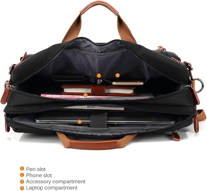 Convertible Backpack Messenger Shoulder Bag Laptop Case Handbag Business Briefcase Multi-Functional Travel Rucksack Fits 15.6 Inch Laptop for Men/Women (Black)