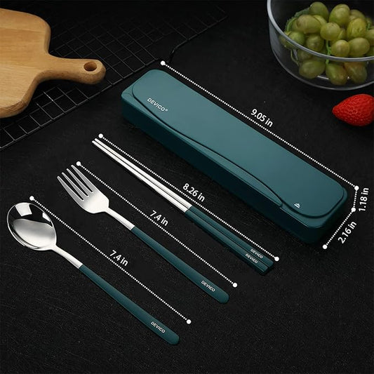 DEVICO Travel Utensils, 18/8 Stainless Steel Portable Reusable Camping Silverware Cutlery Flatware Set, 4-Piece Include Fork Spoon Chopsticks with Case (Dark Green)