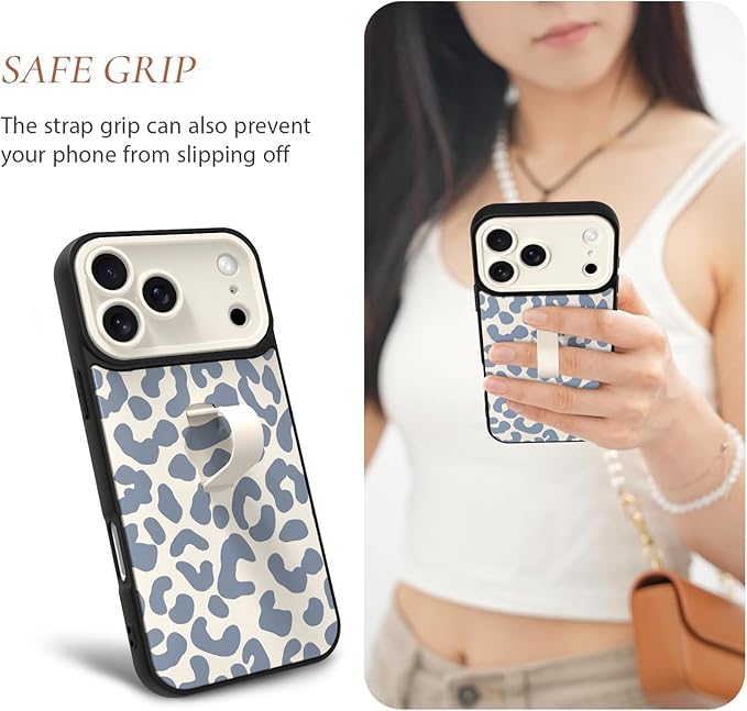 Compatible with iPhone 17 Pro Case with Finger Hand Strap Kickstand, Trendy Cool Leopard Cheetah Print Phone Case for Women Men, Full Camera Protection Shockproof Protective Cover, White