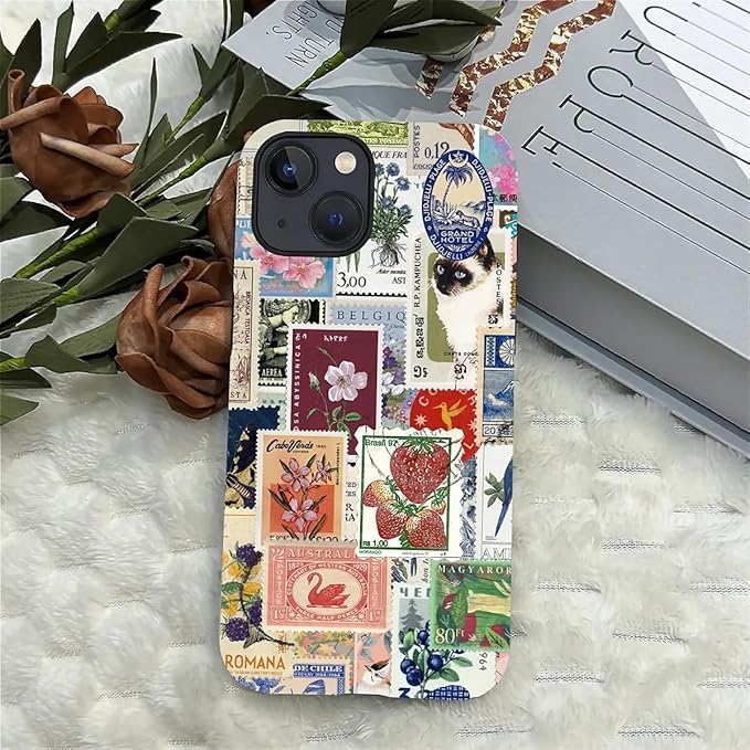 Case for iPhone 13 iPhone 14,Vintage Stamp Collage for Woman Men Full Body Protective Cover Shockproof 2 in 1 Silicone + Hard PC Design Case
