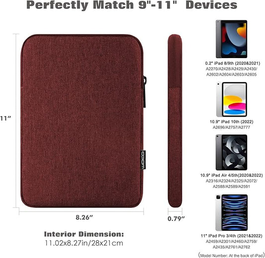 MoKo 9-11 Inch Tablet Sleeve Bag Carrying Case Fits New 11inch iPad Air M3, iPad A16 2025, iPad Pro 11 M4, Air 5/4/3, iPad 10/9/8th Gen, Tab S8/S9 11", Wine Red