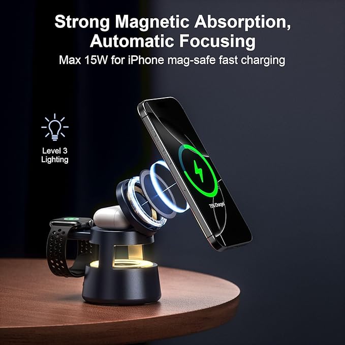 3 in 1 Charging Station,Magnetic Wireless Charger with Night Light & Speaker for Apple MagSafe Charger Stand,Foldable Nightstand Charging Station for iPhone,Airpods,Watch (20W Adapter)