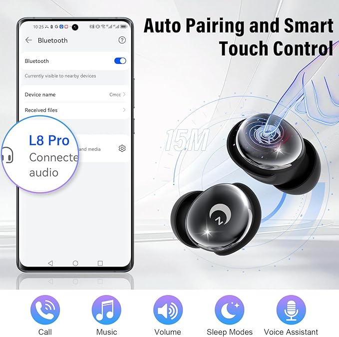 Sleep Earbuds Bluetooth 5.4 in Ear Smart Touch Screen Ear Buds, 48H Playtime Mini Sleep Headphones Small Design for Side Sleepers, Crystal-Clear Calls, 5 EQ Modes, IPX7 Waterproof Earphones Black