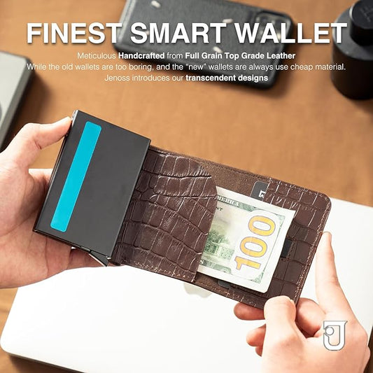 Jenoss Smart Wallet For Men: Full Grain Leather, Handcrafted, Slide Metal Pop Up Case, Slim RFID Blocking Credit Card Holder, Minimalist, Compact, 6-8 Cards Organizers, Front Pocket, Clip (Burgandy)