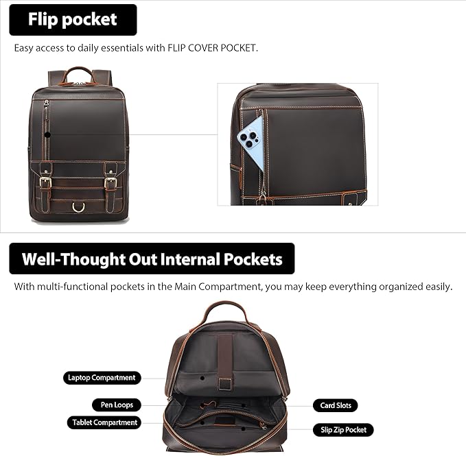 LANNSYNE Vintage Genuine Leather Backpack For Men Fits up to 16" Laptop Travel Hiking Rucksack