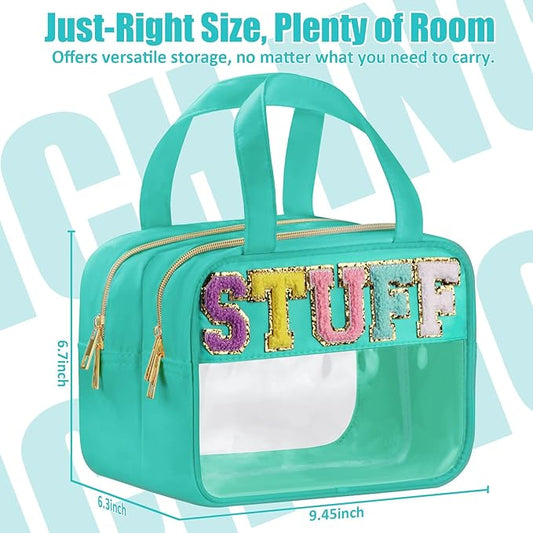 Chenille Letter Clear Makeup Bags, Stuff Bag for Travel, Preppy Patch Nylon Cosmetic Bag with Handles and Zipper, Waterproof Large Clear Travel Toiletry Bag Storage Bag for Women