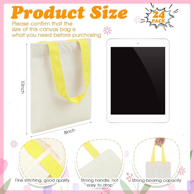 Amylove 24 Pcs Mini Tote Bag Sublimation Blank Canvas Tote Bags Reusable Grocery Luggage DIY Sack Goody for Party Even (8 x 10 Inch,Natural with Colorful Handle)
