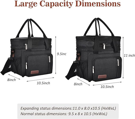 LOKASS Lunch Box for Women, 16L, Double Deck Expandable Insulated Lunch box For Adults/Women Thermal Large Waterproof Leakproof Cooler Bag with Shoulder Strap - Black