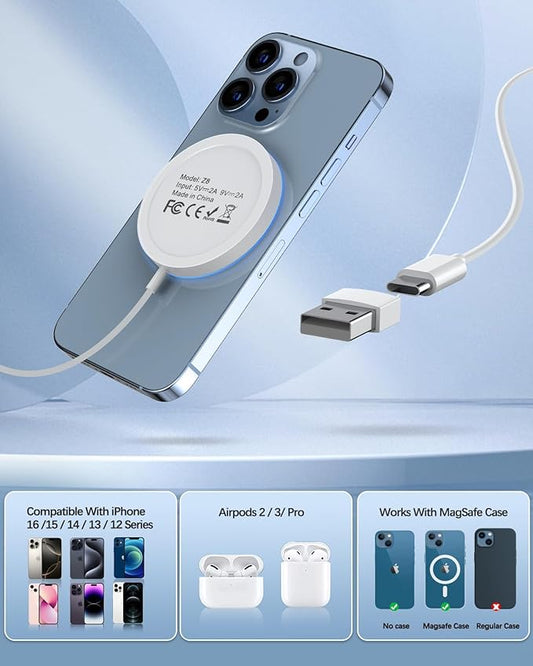 2 Pack Magnetic Wireless Charger 15w Apple Mag-Safe Charger for iPhone 16 Pro Max/16 Pro/16/16 Plus/15/14/13/12 Series AirPods 3/2/Pro/Pro 2 LED Magnet Charging Pad with Dual Charging Ports