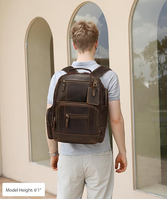 LANNSYNE Vintage Genuine Leather Backpack for men, 15.6" Laptop Backpack Travel Camping 24L Rucksack