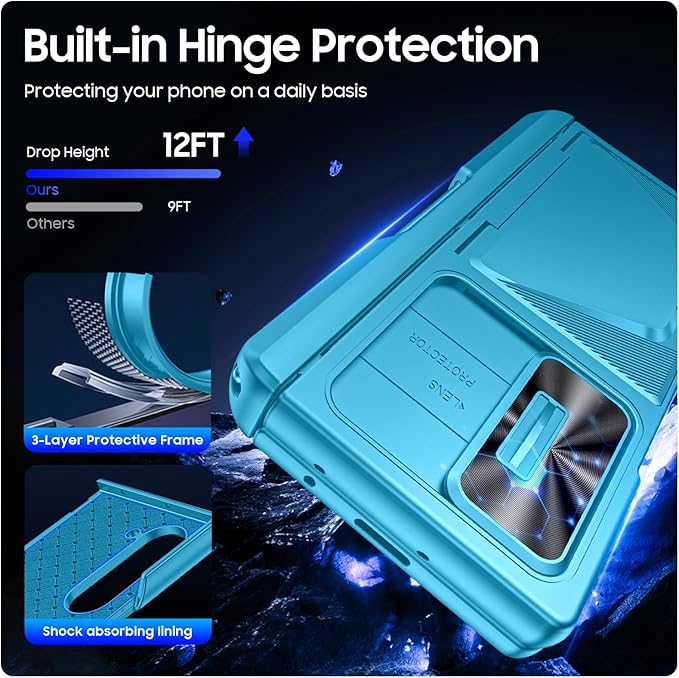 for Samsung Galaxy Z Fold 6 Case with Card Holder RFID Blocking & S Pen Holder & Slide Camera Cover & Hinge Protection & Privacy Screen Protector, Shockproof Wallet Case for Z fold 6,Lake Blue