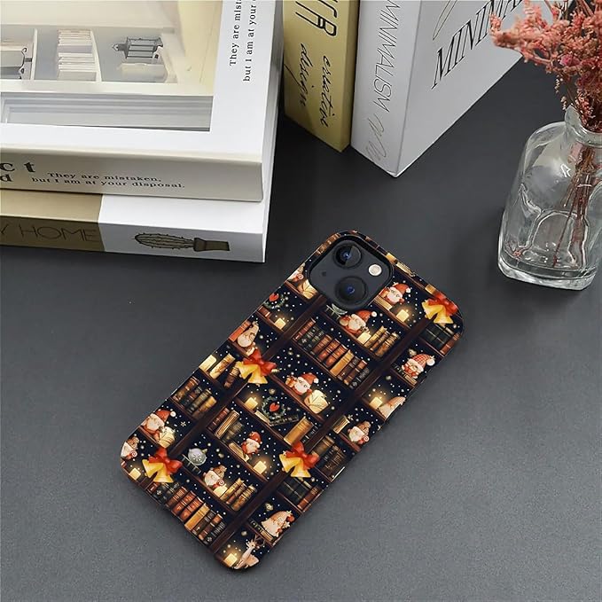 DAIZAG Case Compatible with for iPhone 15,Christmas Santa Claus Bookshelf Bells Phone Case for iPhone 15 for Girl Women Boy Men