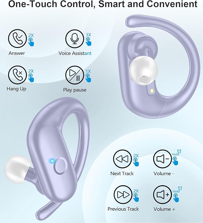 MOZOTER Wireless Earbuds Bluetooth Headphones Sport,Over Ear Buds with Deep Bass Sound,60Hrs Playtime Earphones Redesigned Comfort Fit with Earhooks for Running,Meeting,Workout- Purple