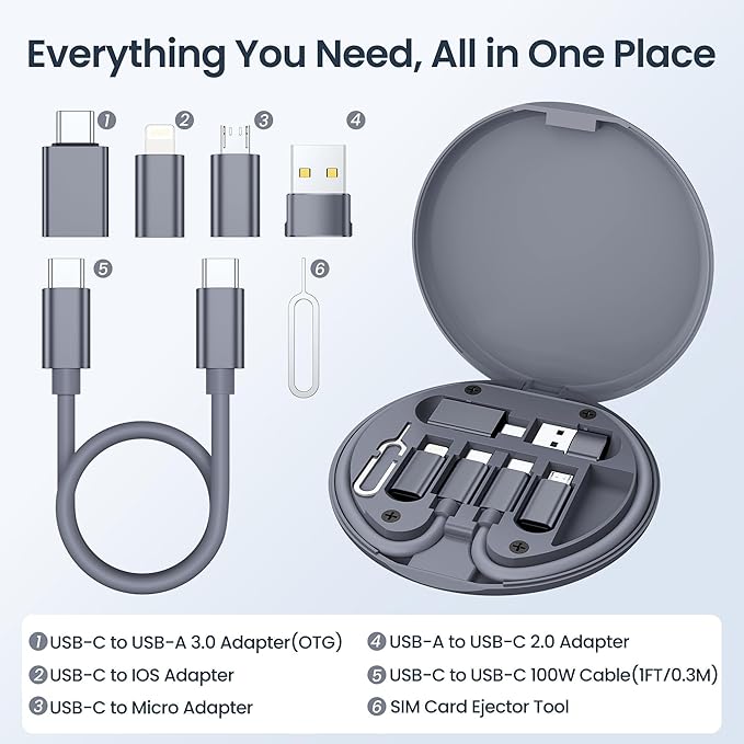 Elebase USB Charging Adapter Kit,Multi Travel USBC Adapter Set,Type C to USB 3.0 OTG iOS Micro Converter Case with 1Ft 100W Charger Cable for iPhone 17 Air 16 15 14 Max Pro,Samsung Galaxy S24 S23 Plus