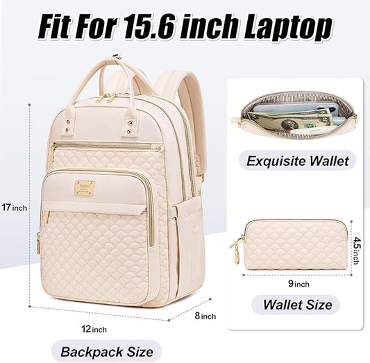 Laptop Backpack for Women,15.6 Inch Laptop Backpack for Work,Water Resistant Travel Backpack,College Bookbag with Wallet (Beige)
