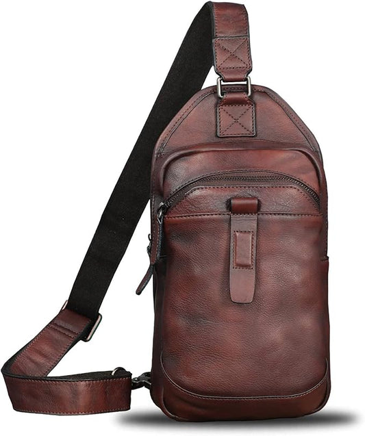 LRTO Genuine Leather Silng Bag for Men and Women Retro Leather Sling Backpack Purse Shoulder Crossbody Bag Chest Bag