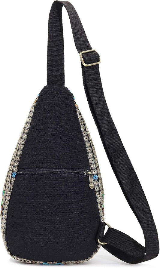 SILKAREA Embroidered Boho Small Sling Bag for Women Travel Chest Bag Crossbody Backpack Purse Shoulder Bag (Blue)
