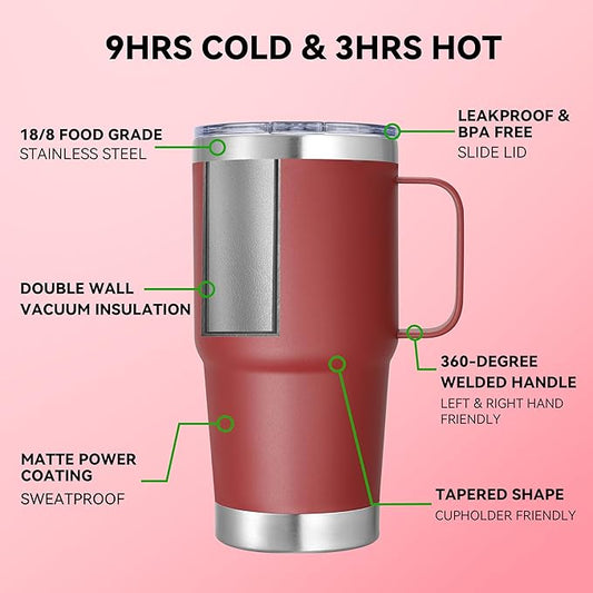20 oz Stainless Steel Tumbler with Handle Bulk Metal Insulated Tumblers Travel Coffee Mug with Handle Double Wall Tumbler Cup with Lid and Straw, Wine Red 6 Pack