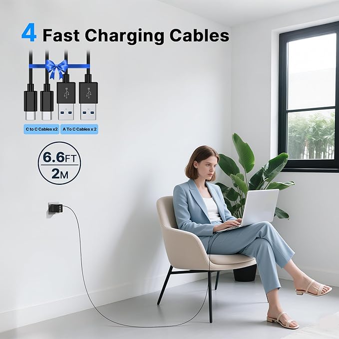 2 Pack 180W USB C Charger Block, Foldable 4-Port GaN Fast Charger, Dual 65W Type C Charging Block, Laptop Fast Charging Adapter for MacBook Pro/Air, iPad, iPhone, Samsung Galaxy Black