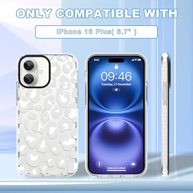 ZIYE Clear Case for iPhone 16 Plus Phone Case White Leopard Design Shockproof Soft TPU Bumper Protective for Women Girls Girly Cute Cover
