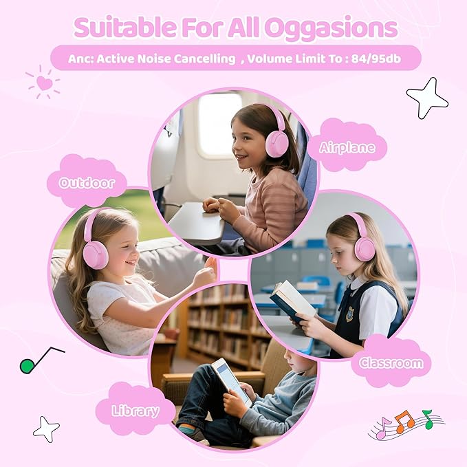 MIDOLA Active Noise Cancelling Kids Headphones Bluetooth 5.4 Wireless Volume Limited 85/94dB,Type C Fast Charging,Over Ear Foldable with Mic Aux Cord for Toddler Child Pad Tablet Pink